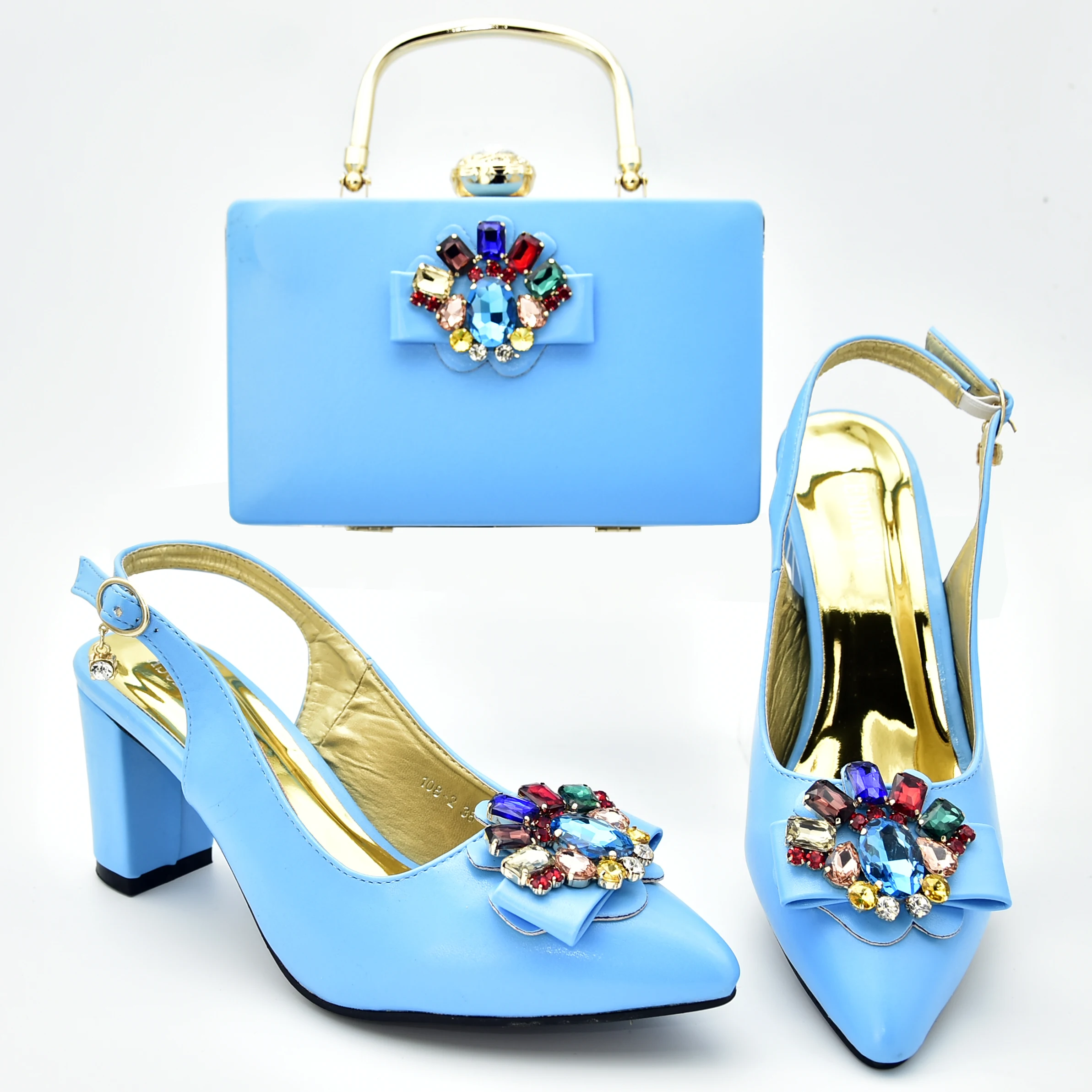 

Rortydream medium height heel 7cm blue shoes matching bags lady PU shoes and bag 108-2