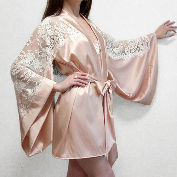 

Satin lingerie lace robes sleepwear dress women nightwear, Apricot