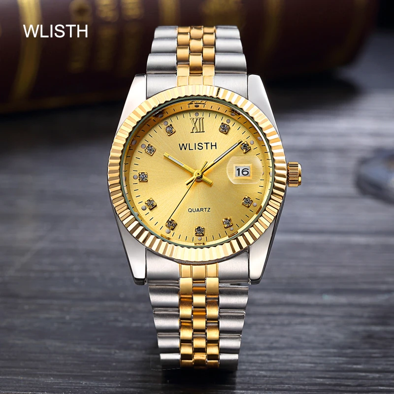 

Couples on the table calendar women's watch waterproof luxury gold watch fashion gold belt men's watch large dial student table