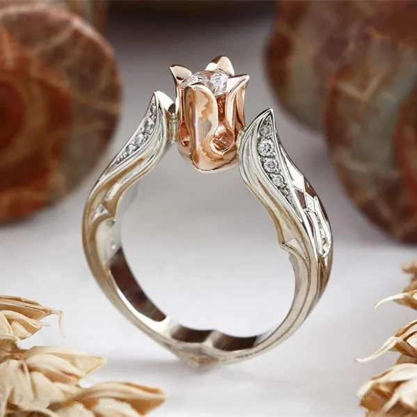 

Dropshipping Fashion Ring for Women Wedding Engagement Flower Rose Gold Platinum Zircon Crystal Statement Jewelry Rings