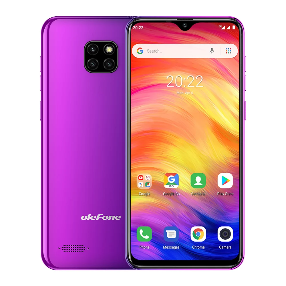 

Water-drop Screen 6.1 inch smartphone Ulefone Note 7 19:9 Quad Core 1GB/16GB 4 cameras Android 8.1 3G WCDMA mobile, Black/gold/purple