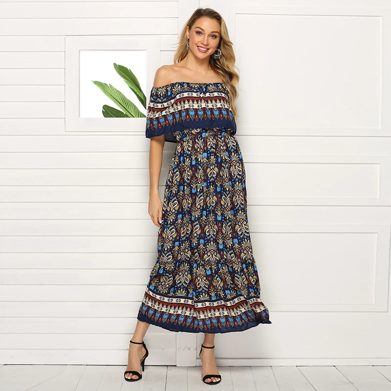 

2019 colors summer holiday beach long ethnic style women dress floral print sexy ladies off shoulder, 9 colors long maxi rethnic boho dress