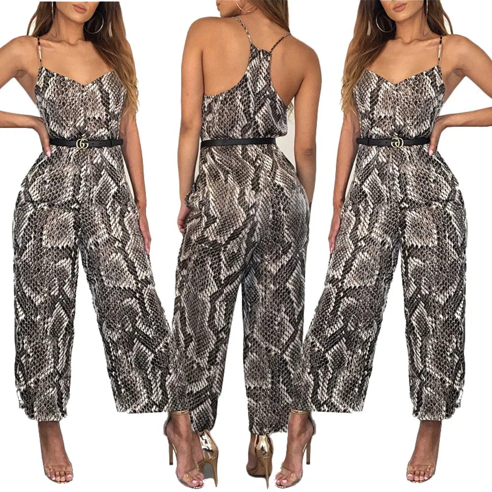 

SAK9291 custom private label snake skin printed fashion wide leg pants sling adult women jumpsuit, As photo showed