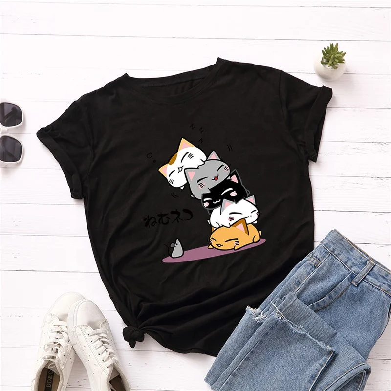 

Wholesale New Simple Fashion 100% Cotton T Shirt Lady Summer Printed T-shirt Five Cute Cats Women Causal Short Sleeve, Picture