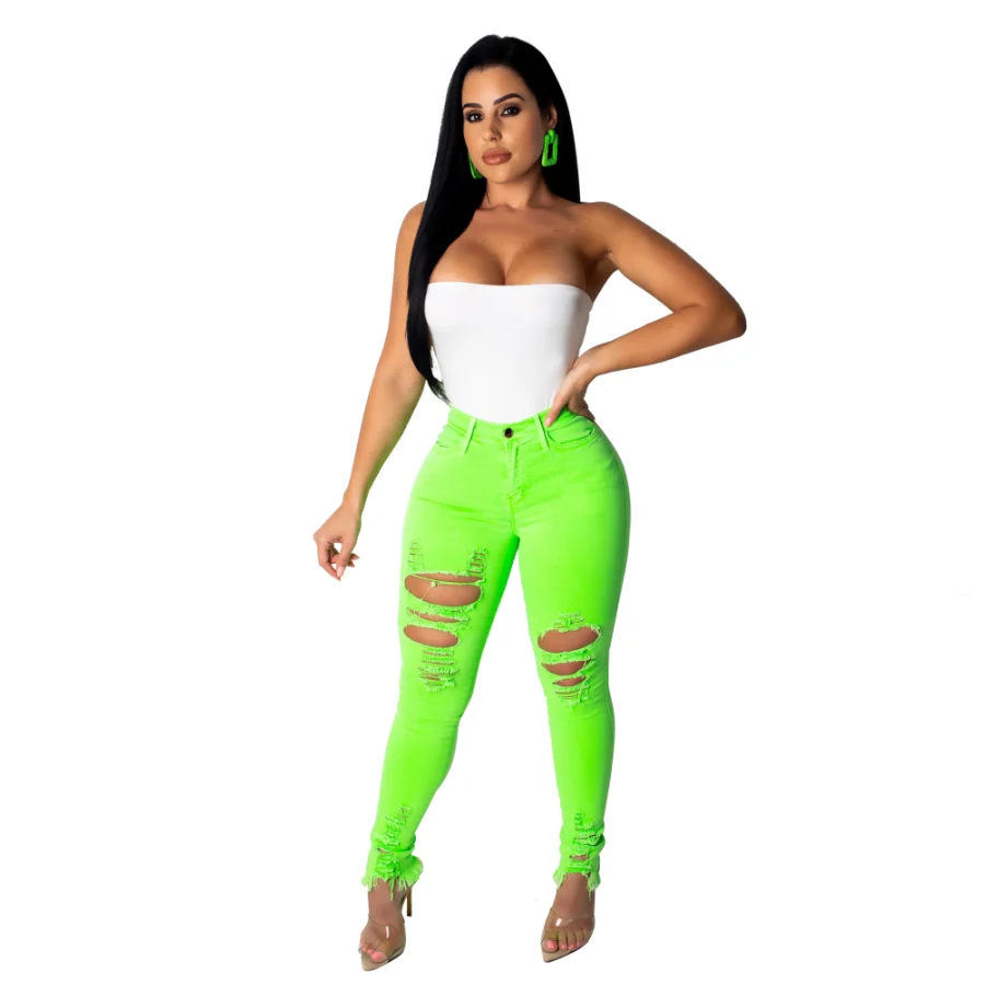 

slimsolid candy colorstretch ripped skinny denim pencil pants women