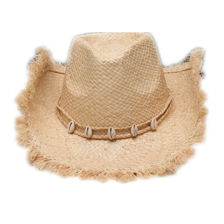 

Hot Selling Summer Beach Sun Hat Natural Raffia Straw Western Cowboy Hat with Shells Decoration