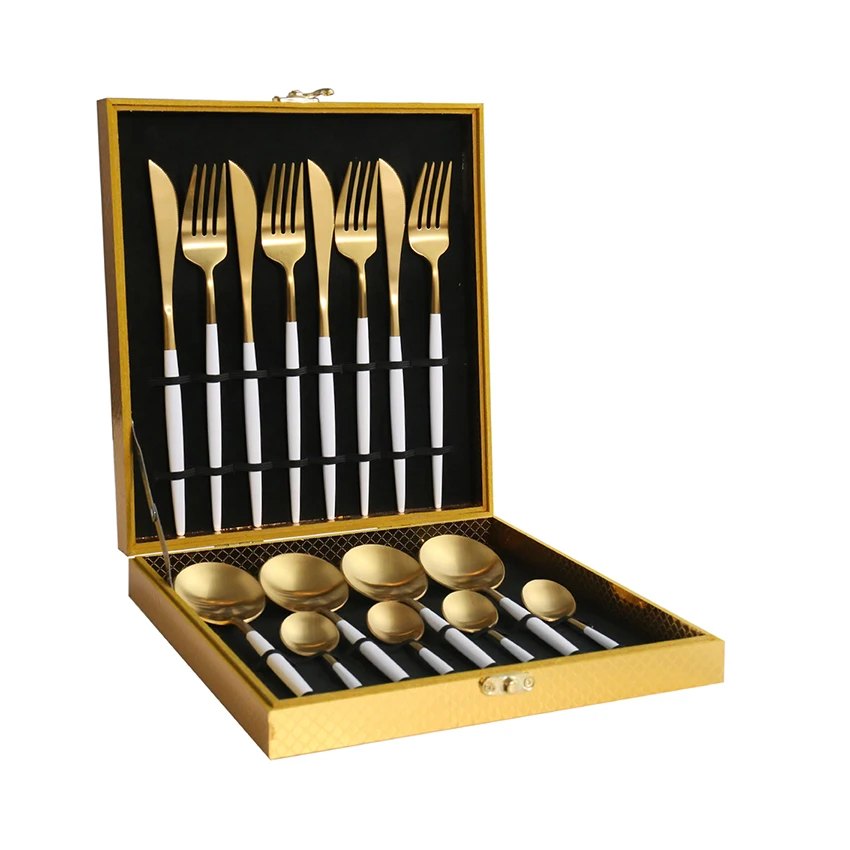 

16pcs matte gold plated cutlery set white black pink handle in wooden box