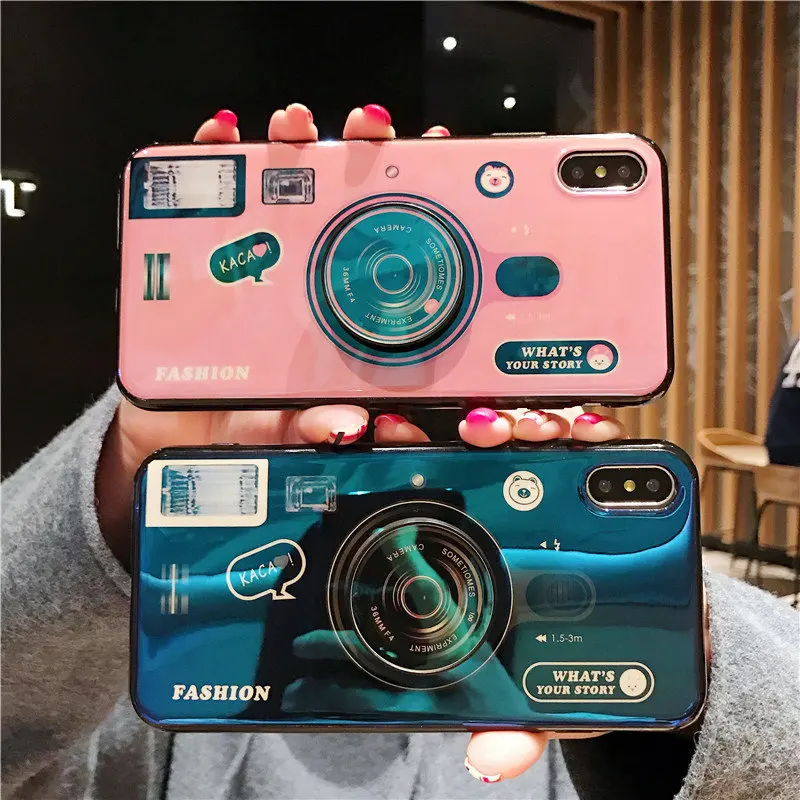 

Hot Selling Soft TPU IMD Camera Pattern Cell Phone Stand Case for iPhone XS MAX X 8 7 6 Plus , case with holder for samsung s10
