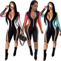 

2019 hot sell OB4050 women stylish patch mesh zip up skinny bandage bodycon jumpsuit