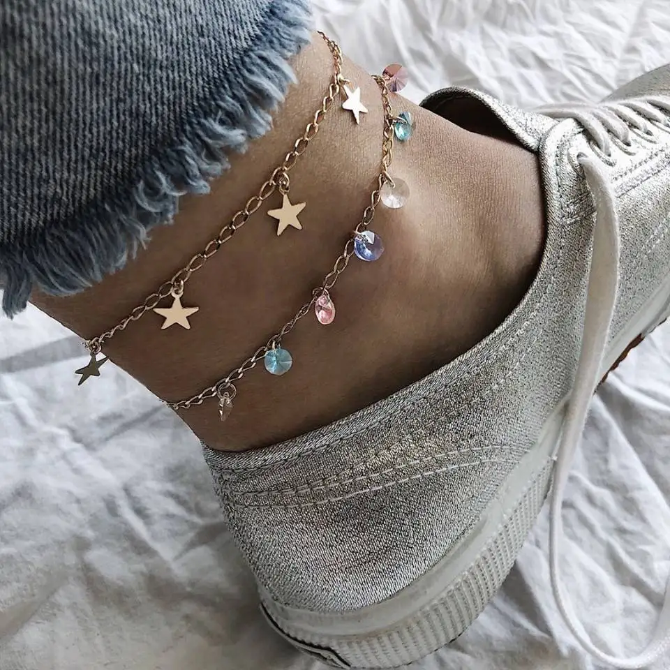 

Multiple Layered Anklets Boho Gold Chain Anklet Star Beach Crystal Charm Anklet For Women Foot Jewelry