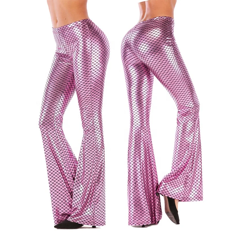 

Shiny scale design vintage pants women disco flare pants