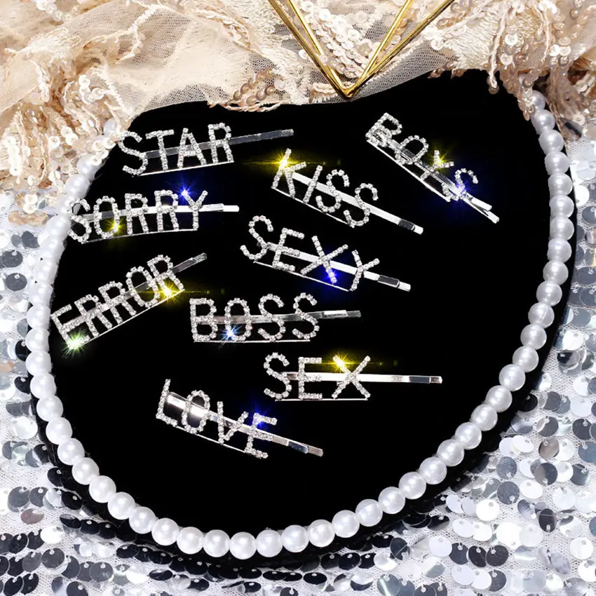 

50Pcs 16 Styles Hot Sale Letter Hair Clip Girls Boys Sexy Hairgrips Bride Jewelry Accessories Crystal Bobby Hair Pin