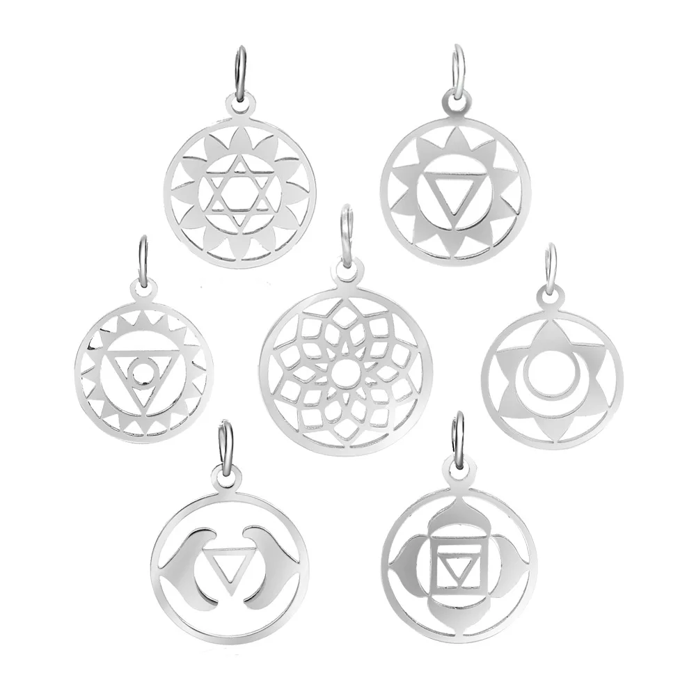 

Wholesale Stainless Steel 7 Chakra Hollow Pendant Yoga Energy Buddhist Charm Pendants, Color as shown;accept custom color