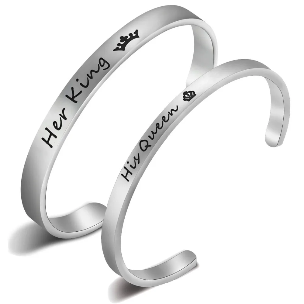 

Valentine's Day Gift His Queen Her King Cuff Bangle Silver Stainless Steel Open Cuff Bangle For Couple