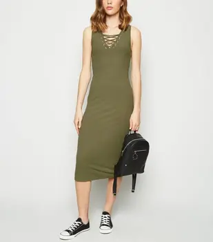 khaki ribbed midi dress