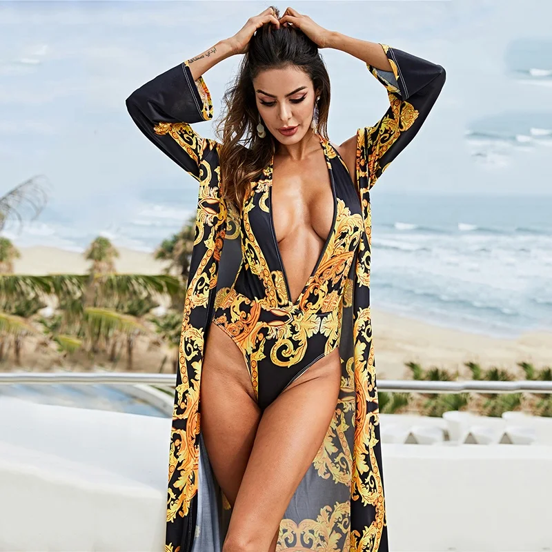 

2019 womens clothes summer hot-selling new split swimsuit female fashion sexy print cloak and bikini split swimsuit