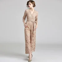 

2019 Summer hot selling new V-neck lace embroidery mature women wide leg pants one piece jumpsuits with Lace-up design