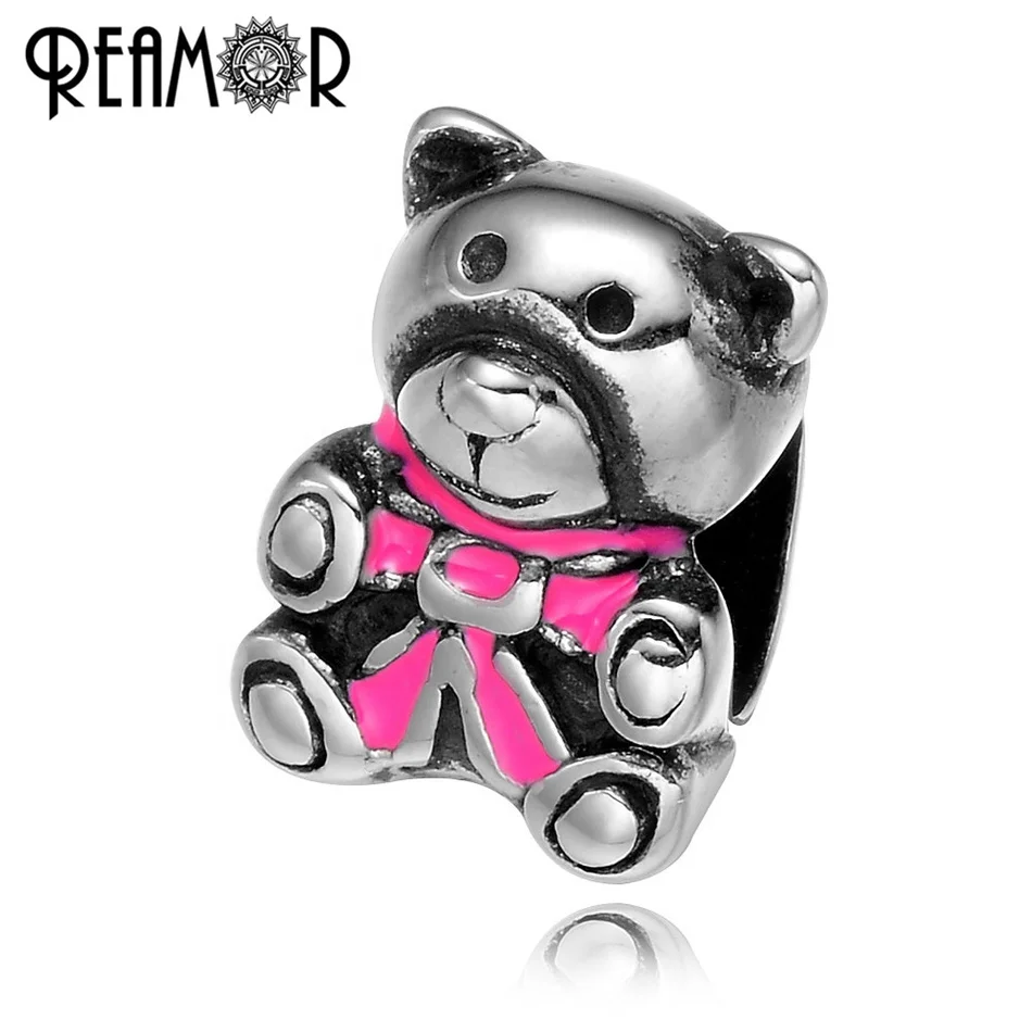 

REAMOR Pink Cartoon Bear Beads 316l Stainless Steel Charm Beads Fit Pan Style Women Luxury Strand Bracelet Jewelry Making