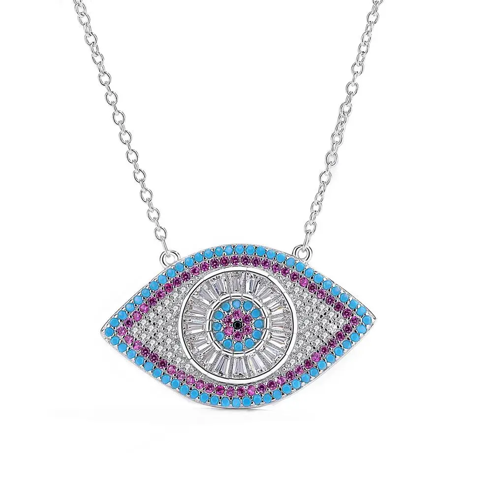 

100% 925 Sterling Silver Necklace Colorful Turkey Eye Pendant Necklace Fit Fashion Women and Girl Engagement Silver Jewelry