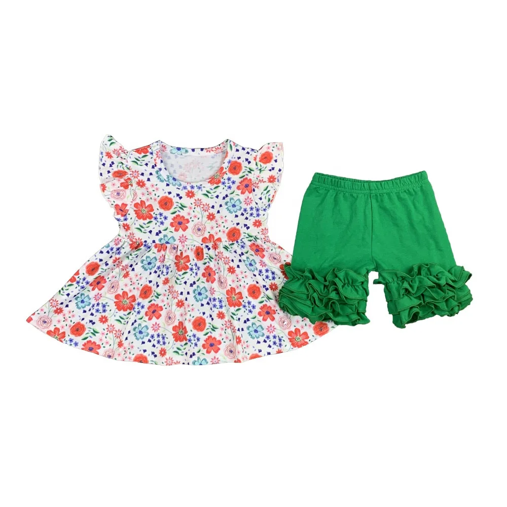 

Free Shipping Kids Clothes Bulk Wholesale Girls Boutique Clothing Sets Summer Frock Design Pearls Tops Icing Shorts Sets