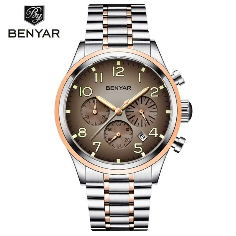 

BENYAR BY-5138M Men's Quartz Watch New Luxury Brand All-steel Chronograph Date Business Watches, 3 colors