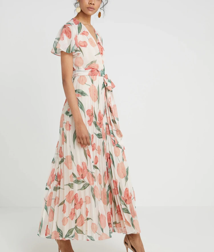 

New Fashion V Neck Floral Print Summer Pleated Maxi Dress