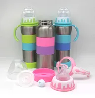 

320ml Stainless steel handle baby feeding Sippy mug Glass water bottle with silicone nipple