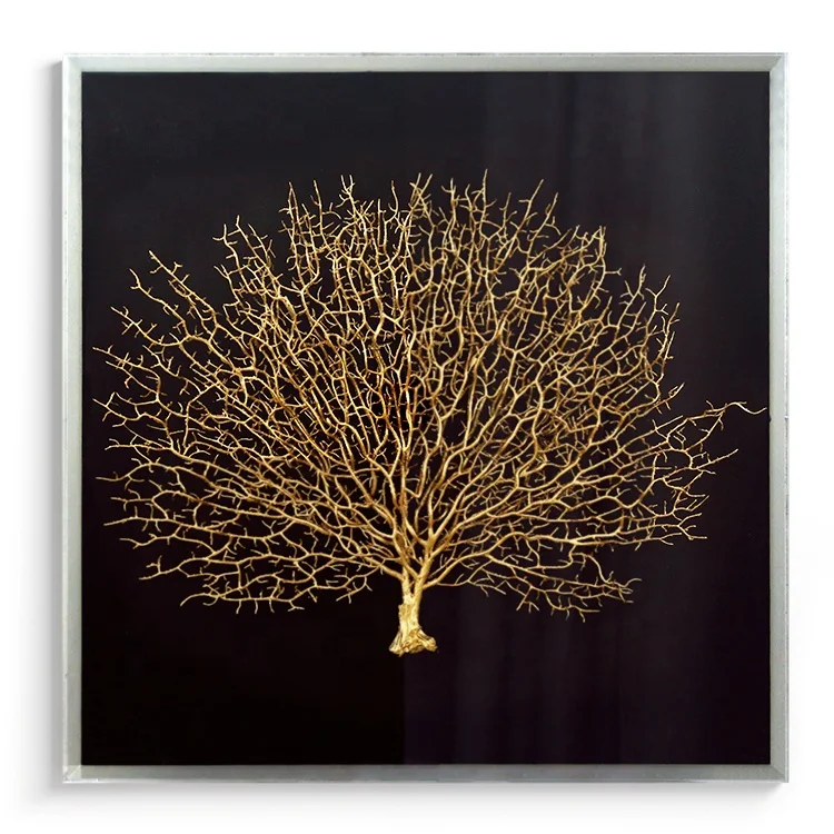 

Hotel Modern Entrance Corridor Handmade Coral Wall Decor Golden Shadow Box 3D Acrylic Wall Art