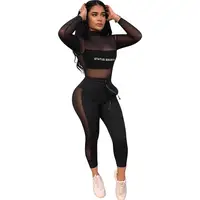 

Women's sexy black mesh transparent two piece set club wear pant set