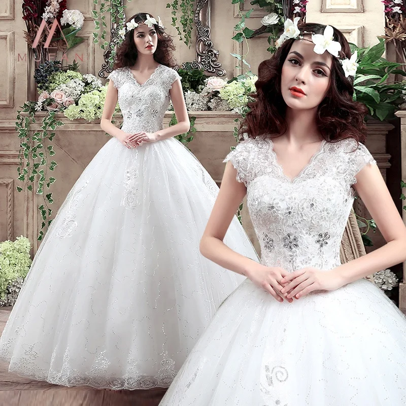

New Arrive Korean Style Custom Made Size V Neck Lace Beading Embroidery Wedding Dress, White