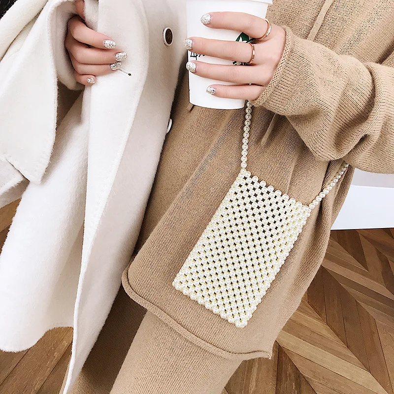 

Newest Design Luxury Handmade Imitation Pearl Shoulder Bag Vintage Elegant White Pearl Braid Mini Bag For Women