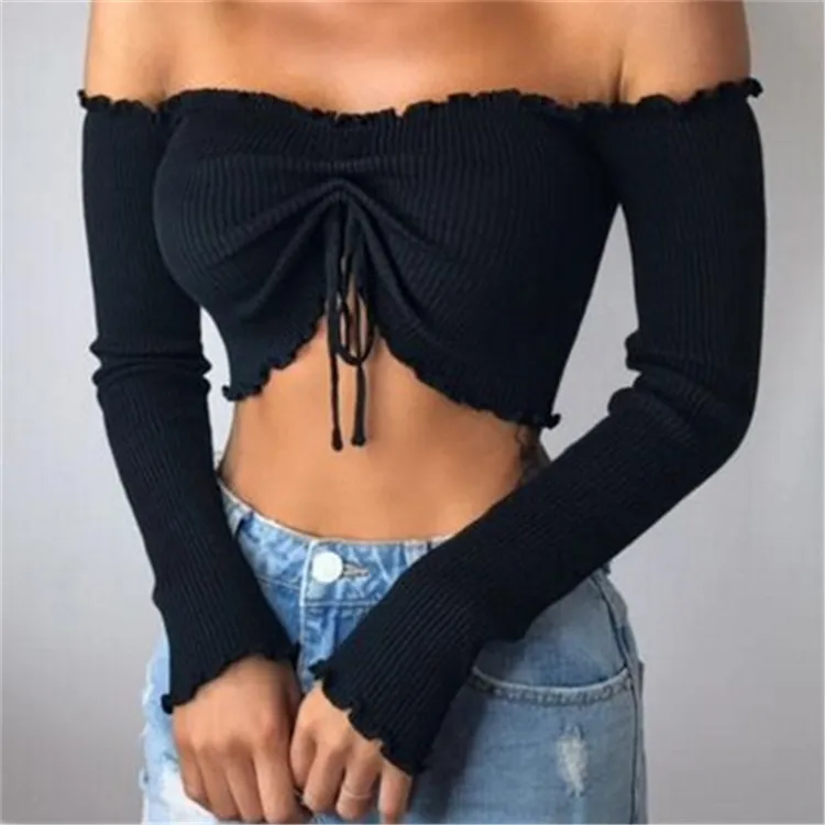 

Wholesale Off Shoulder Ladies Tops With Lace, Black /gray /white