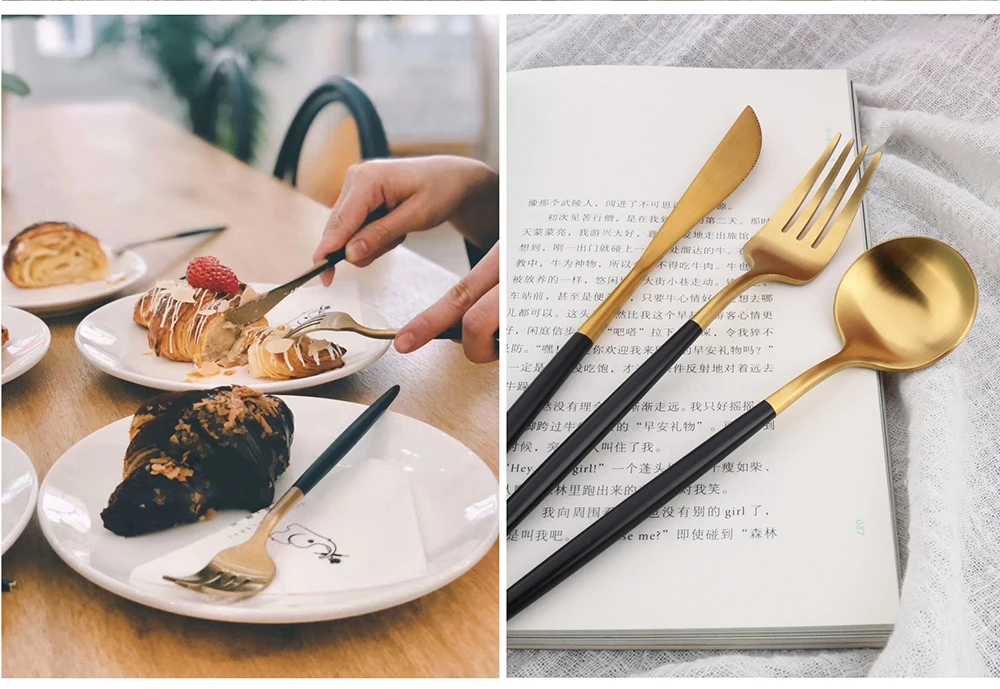 
Gold hotel tableware Stainless Steel 304 Restaurant steak knife and fork spoon 
