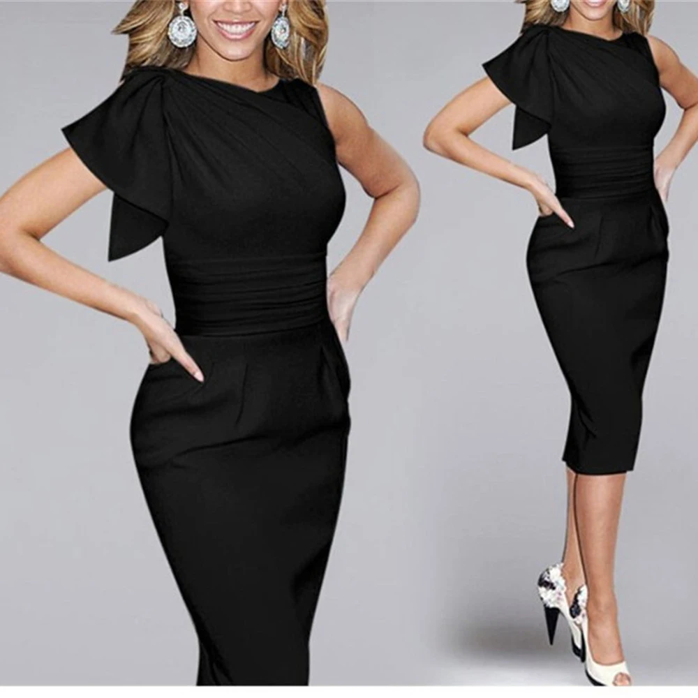 

Fashion Ruffle Sleeve Slim Elegant Women Office Lady Pencil Dress Summer Clothing