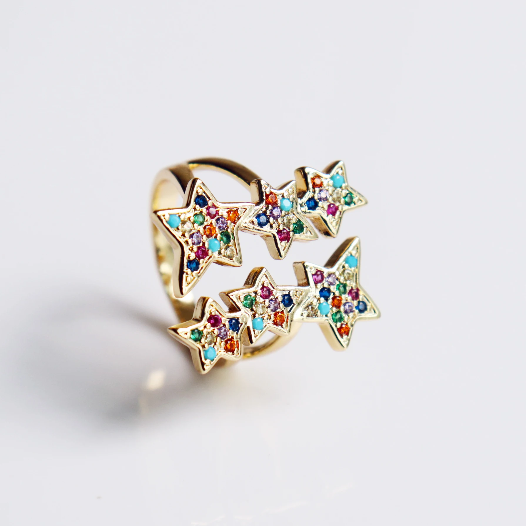 

Adjustable Punk colorful jewelry wholesale open cz big six stars rings, Multi color