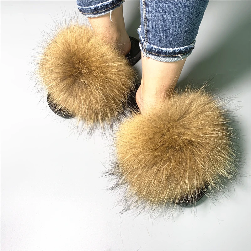 

Hot Sale New Fashion 100% Natural Raccoon Wholesale Fur Slippers Raccoon Fur Slides Sandals, Picture