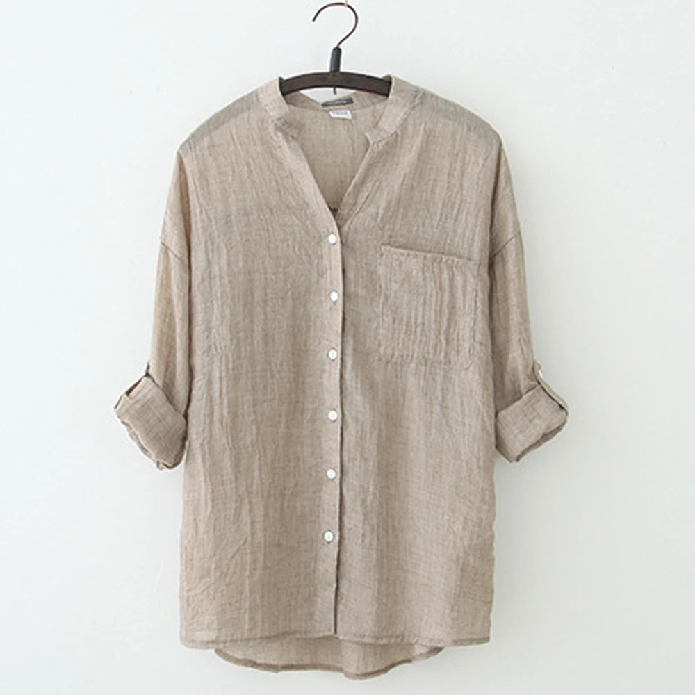 

Wholesale 3/4 sleeve stand collar linen shirt for women