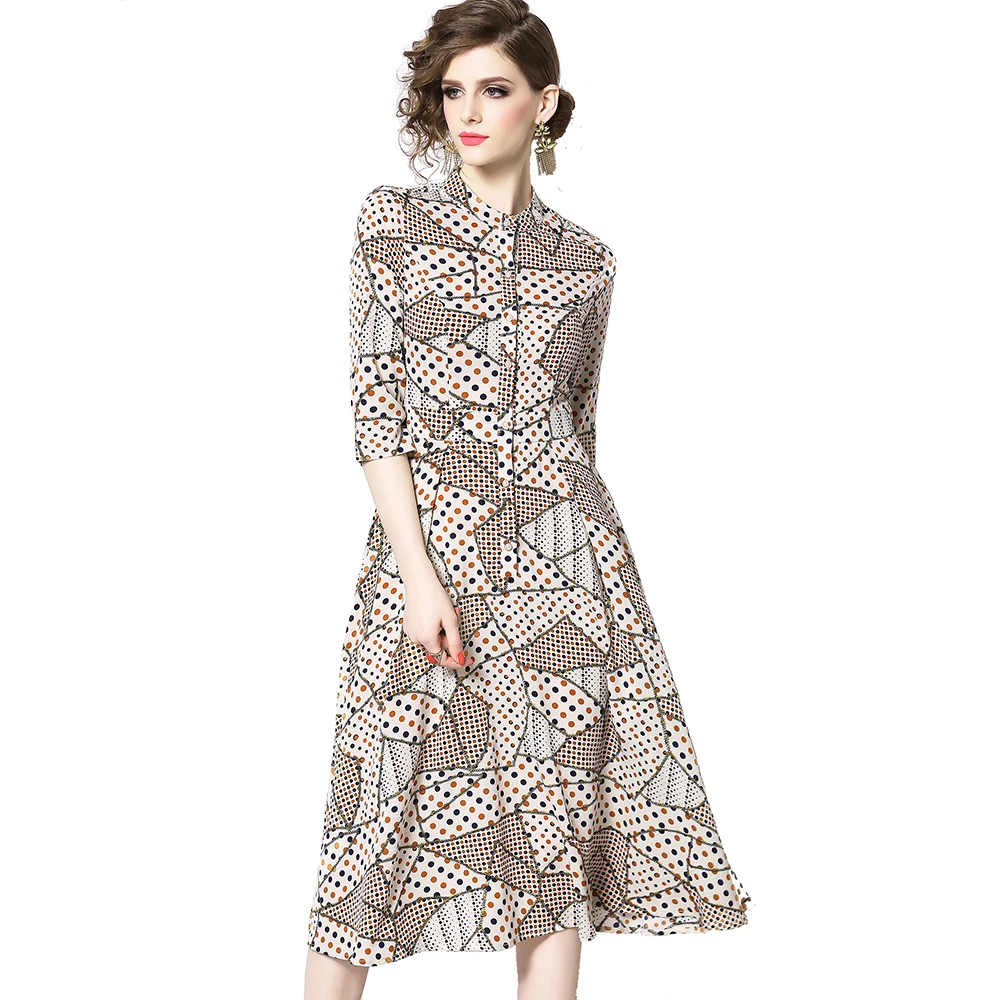 
Wholesale Women Dress for Adults Group 3/4 Sleeve Dots Print Slim Waist Big Swing Medium Long Dress 