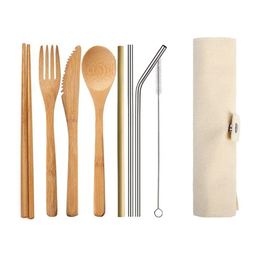 

Reusable Bamboo tableware fork Knife Fork Spoon Chopsticks and Straws Portable Travel Cutlery Set, Customized