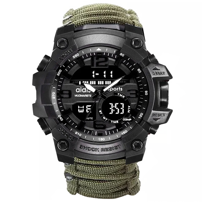 

Addies Field Survival Rope Dual Time Shock Sport Watches For Men, Black green