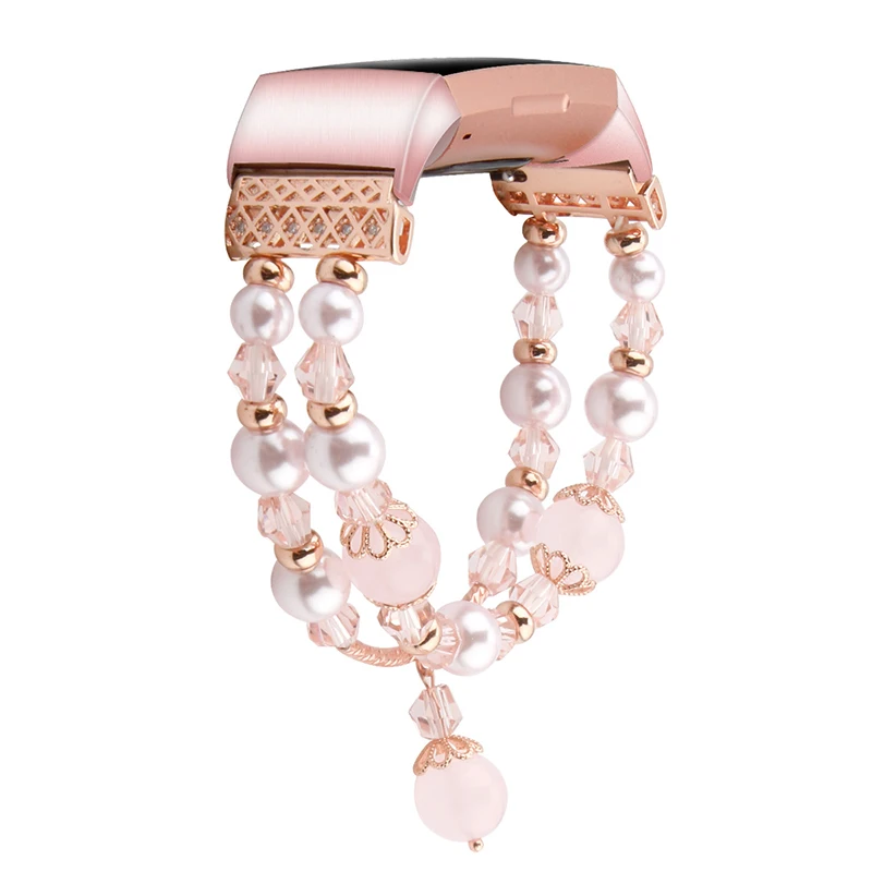 

Women Glass Pearl Jewelry Bling Bracelet Replacement Bands Smart Watch, White, pink