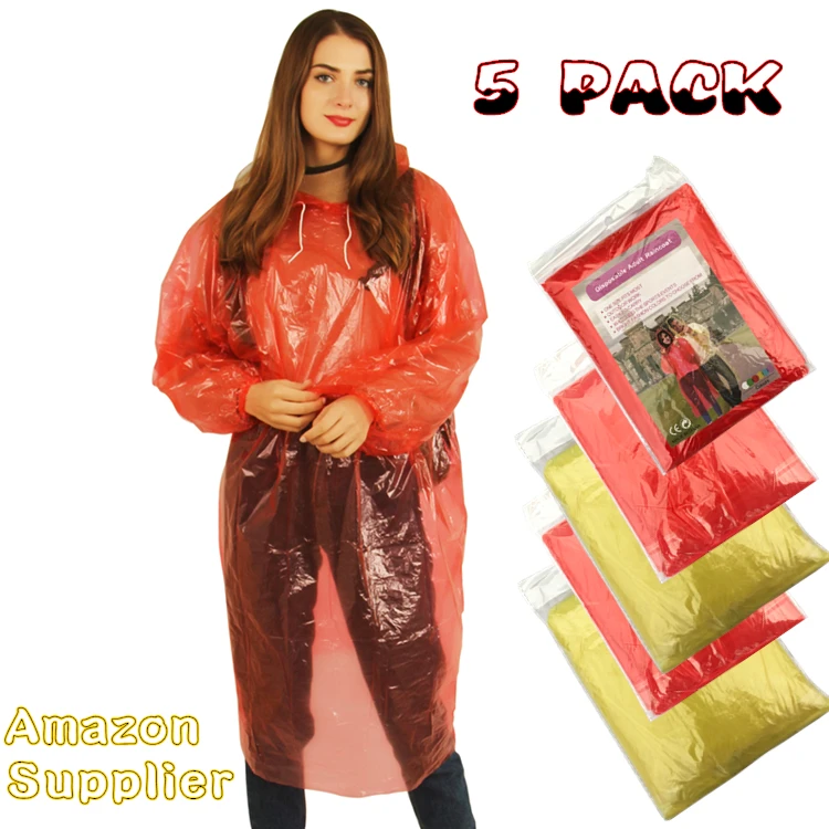 

5 Color MIX Amazon Adults with Drawstring Hood and Elastic Sleeve Ends Disposable Raincoat Ponchos, Yellow,red,blue,green,purple