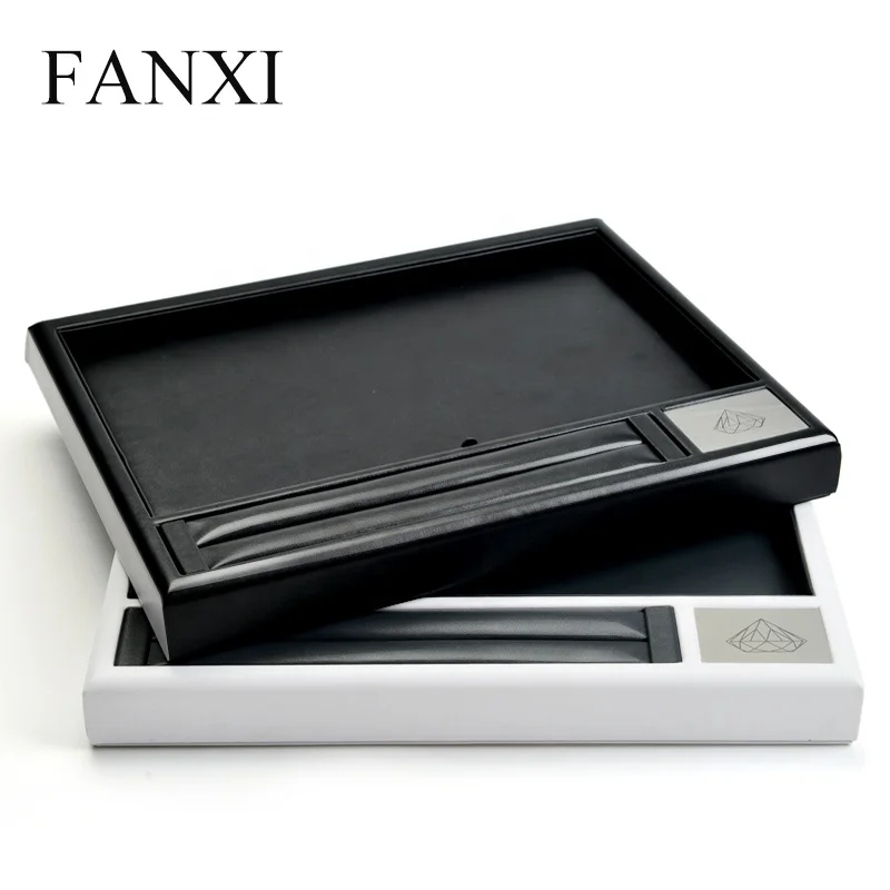 

FANXI Luxury Custom Shop Counter Organizer Ring Necklace Bracelet Display Storage Holder Leather Wood Jewelry Presentation Tray, Black/ white / customized color for jewelry presentation tray