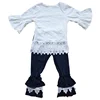 Fancy Children Clothing Sets White Lace Decoration Shirt And Navy Color Ruffle Denim Pants Kid Girls Clothes Outfits