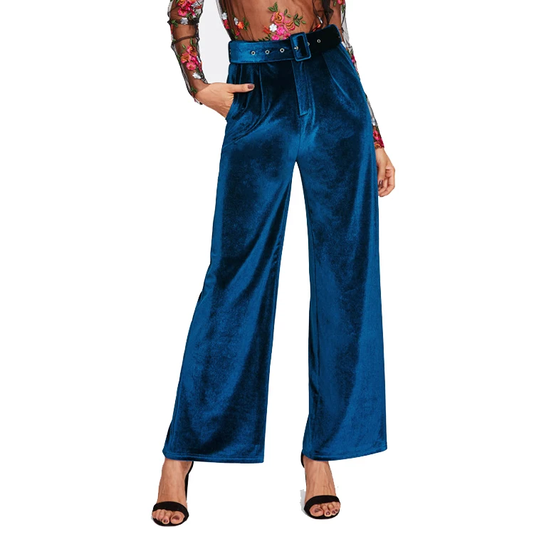 

Latest Design Buckle Belt Detail Velvet Palazzo Pants for Ladies and Women, Customized colors