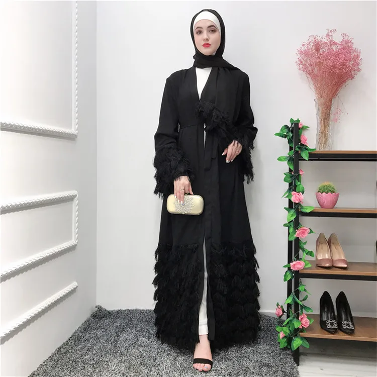 

2019 new arrival Ramadan wholesale black open abaya with feather and belt for muslim girls, Pink;wine red;black