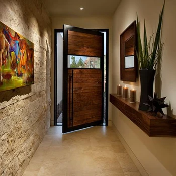 Modern Front Door Solid Wood Pivot Entry Door With Frosted Glass