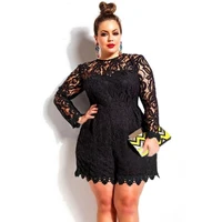 

Solid Color Hollow Out Long Sleeve Lace Rompers Plus Size Jumpsuit XXL XXXL XXXXL Clubwear Sexy Short Playsuit White/Black/Red