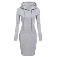 

Autumn Winter Warm Sweatshirt Long-sleeved Dress Woman Clothing Hooded Collar Pocket Design Simple Woman Dress 2019 New