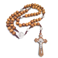 

Wood Beaded Prayer Jewelry Wooden Bead Necklace Jesus Charm Religious Women's Silver Rosary Necklace